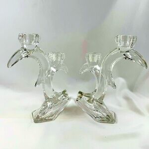 Set of 2 Crystal Clear Glass Candelabra Holders Modern Sculptural Design